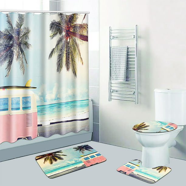 Blue Sea Beach Island Shower Curtain BathMat Toilet Cover Rug Bathroom Decor Set 